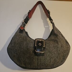 COACH G04J-1407 Vintage Black & Gray Herringbone Tweed Leather  Hobo Handbag 2YK
